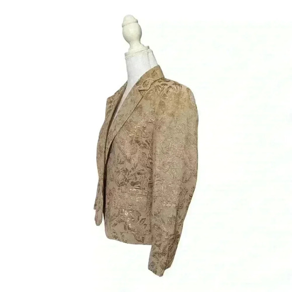 Anne Klein Holiday Blazer Tan with Metallic Gold Embroidery Floral Jacket Size 8 - Picture 5 of 10